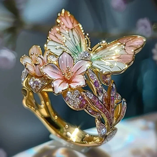 Anillo vintage dorado con estampado floral